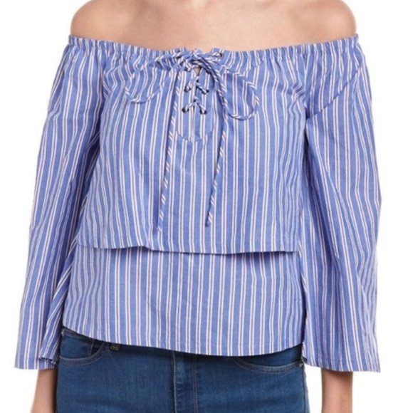 J.O.A. Lace Up Off The Shoulder Stripe Blue Top - Picture 1 of 8